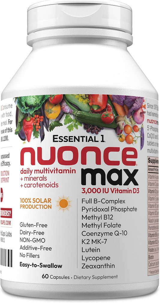 ANDREW LESSMAN Essential-1 nuonce max Multivitamin 3000 IU Vitamin D3 60 Small Capsules. 100 mcg Methyl B12. CoQ10 Lutein Lycopene Zeaxanthin. High Potency. No Additives. Ultra-Mild One Daily Capsule | Complete Daily Multivitamin & Mineral Formula with Es