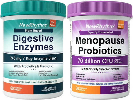 NewRhythm Digestion & Menopause Bundle: 7 Key Enzymes with Probiotics + Botanical Relief, Protease Amylase Lipase, Black Cohosh, 90 Vegan Caps