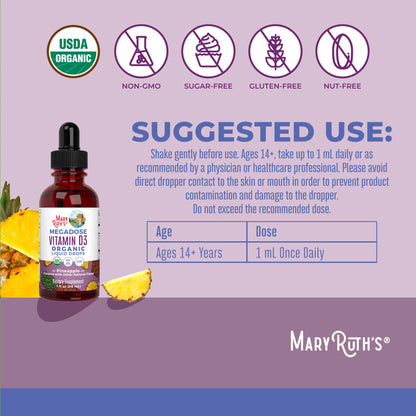 MARYRUTH'S Vitamin D3 Liquid Drops | Megadose 4000 IU | USDA Organic Liquid Vitamin D Spray for Adults & Kids | Immune Support & Bone Health | Vegan | Gluten Free | Non-GMO | 30 Servings