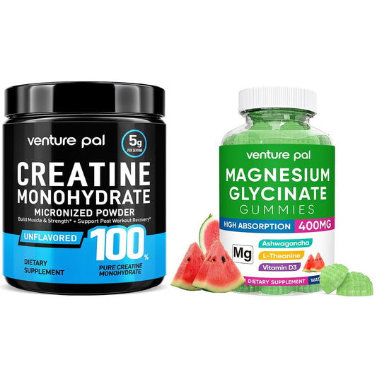 Venture Pal Micronized Creatine Monohydrate Powder + Magnesium Gummies - Sugar-Free, 60-Day Supply, Vegan & Gluten-Free