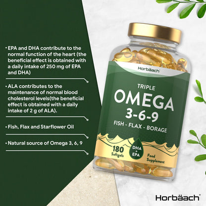 Triple Omega 3 6 9 Capsules | 180 Count | High Strength Supplement with DHA
