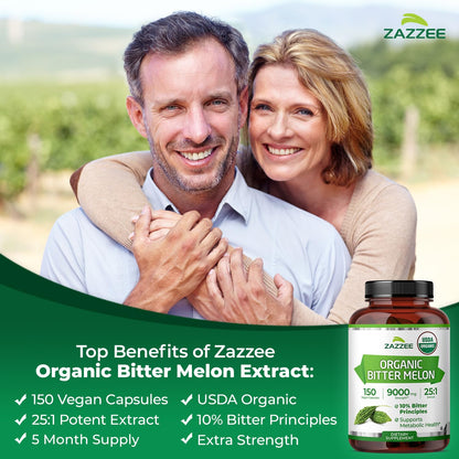 Zazzee USDA Organic Bitter Melon 25:1 Extract, 10% Bitter Principles, 150 Vegan Capsules, 5 Month Supply, Extra Strength, Momordica Charantia, Antioxidant & Metabolic Support, Non-GMO, Made in the USA