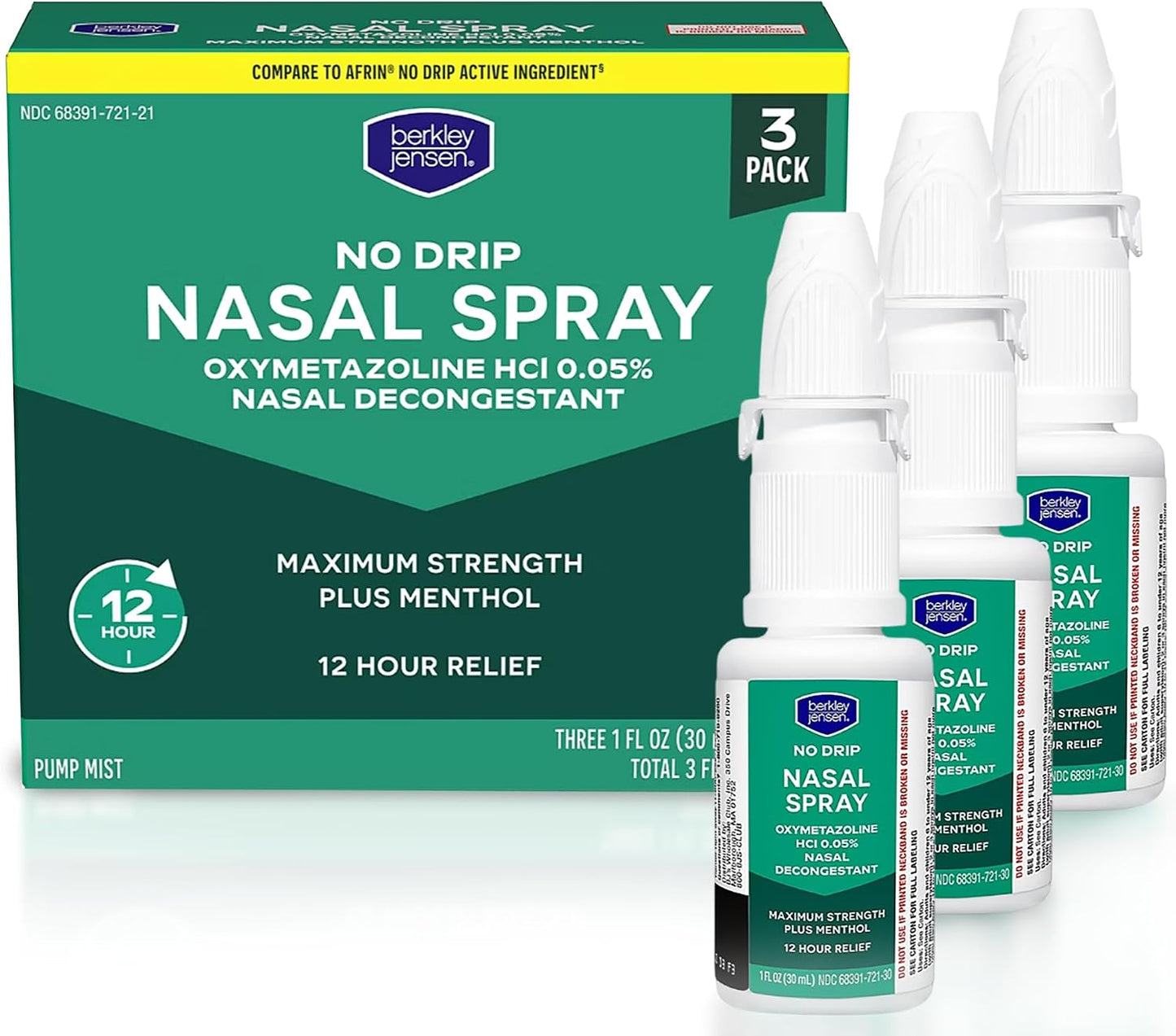 Berkley Jensen No Drip Severe Congestion Nasal Spray - Maximum Strength Decongestant with Oxymetazoline HCl & Menthol - Pump Mist Applicator, No Steroid, 12 Hour Relief, 1 Fluid Ounce (Pack of 3)