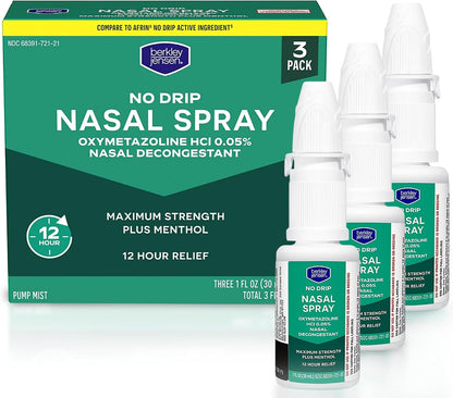 Berkley Jensen No Drip Severe Congestion Nasal Spray - Maximum Strength Decongestant with Oxymetazoline HCl & Menthol - Pump Mist Applicator, No Steroid, 12 Hour Relief, 1 Fluid Ounce (Pack of 3)