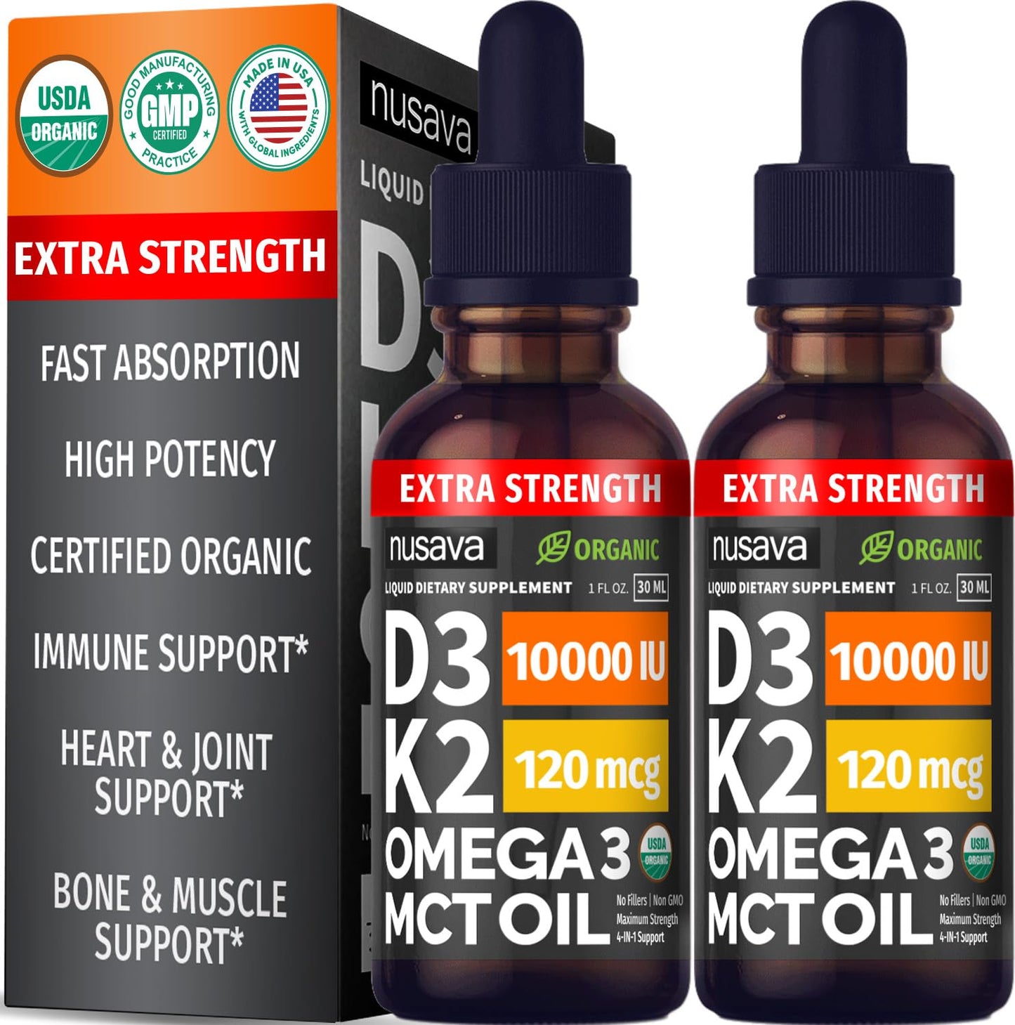 (2 Pack) Organic Vitamin D3 K2 Drops with MCT Oil & Omega 3 - Liquid Vitamin D3 5000 IU - K2 D3 Vitamin Supplement - Vitamin D Drops for Women & Men - No Fillers, Non-GMO, GMP, Unflavored (2 Fl Oz)