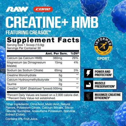 RAW Creatine Plus HMB, Champion Mentality, Creatine HMB Powder - Creatine Monohydrate Powder with 3G HMB, Taurine & No Added Sugar, Muscle Mass Growth, Strength Building & Enhanced Energy, 30 Servings