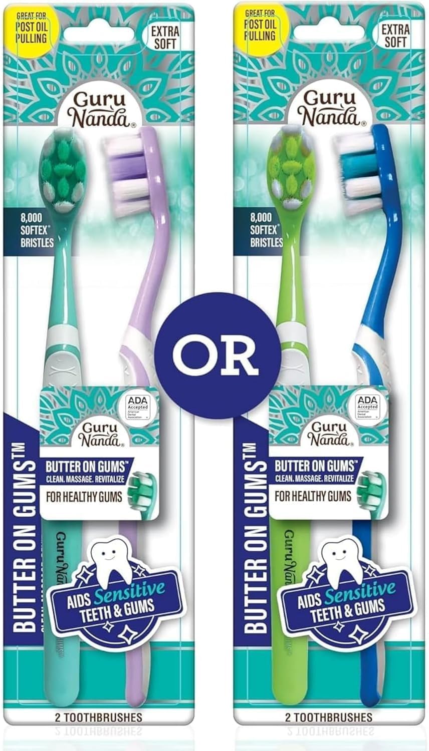 GuruNanda Butter On Gums Toothbrush, ADA Accepted, with 8000+ Ultra Soft Softex Bristles for Sensitive & Receding Gums, Perfect for Whiter Teeth, 8 Ct