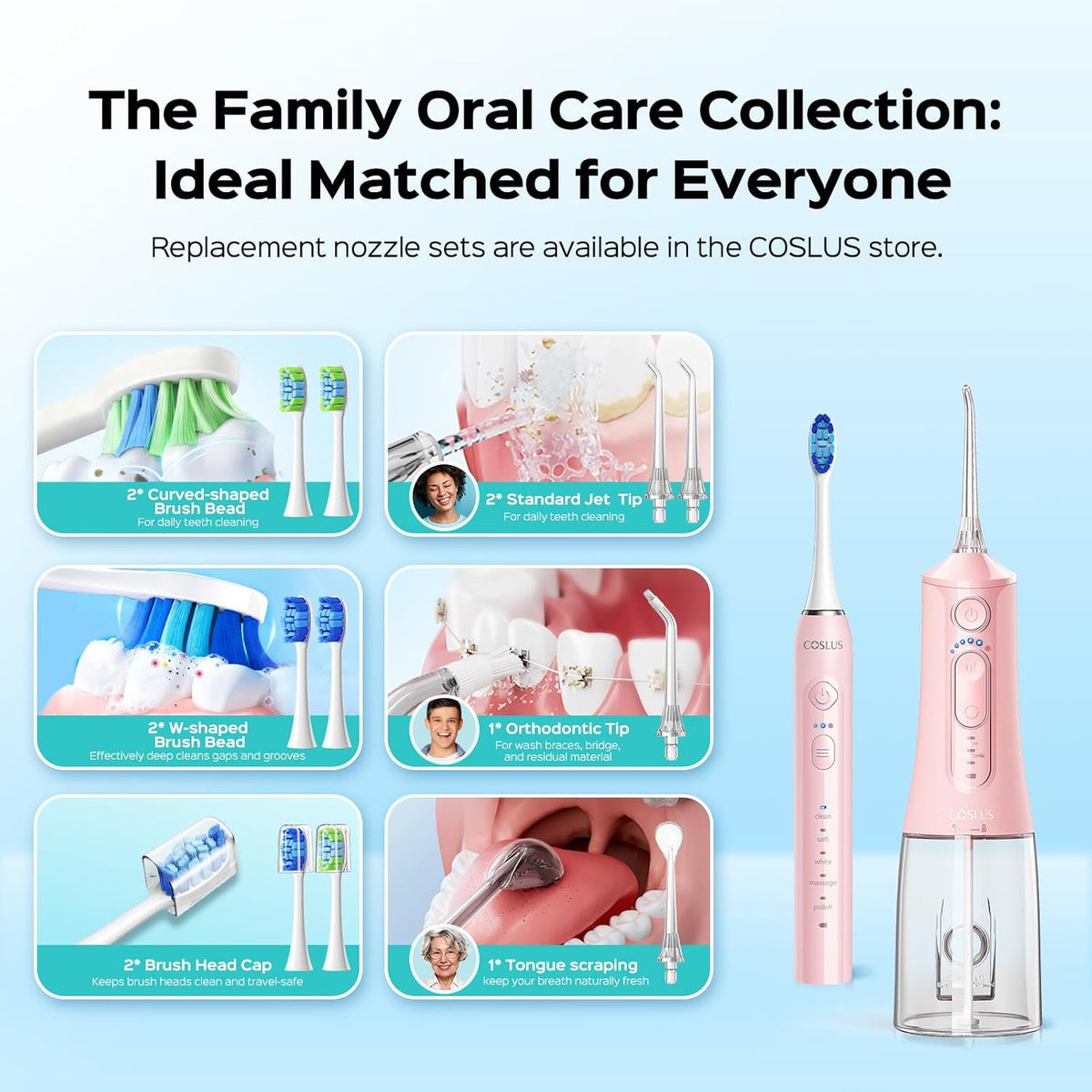 COSLUS C51C30 Water Flosser Electric Toothbrush Combo, Pink Oral Clean Kit