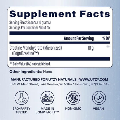 Utzy Naturals CreaBrainIQ | High Dose Creatine Powder - 10g | 45 Servings
