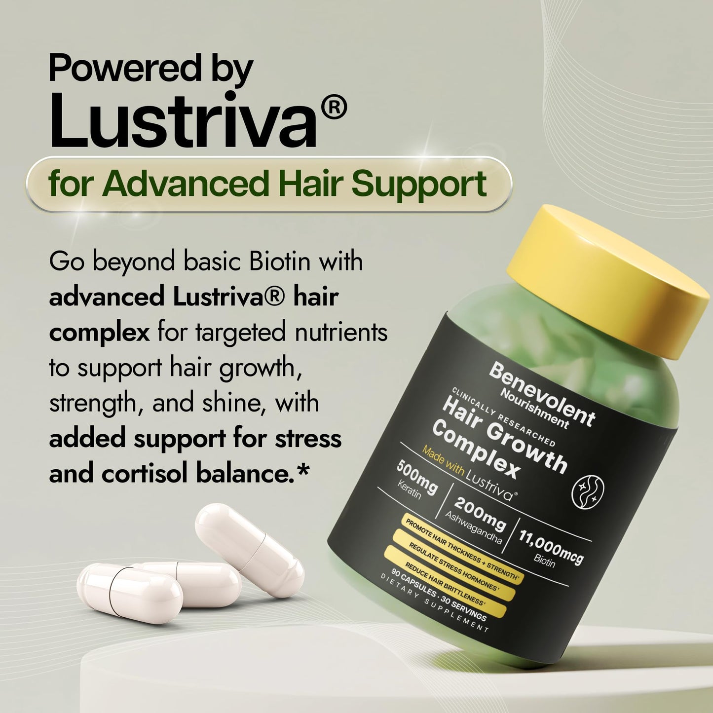Benevolent Lustriva Hair Growth Supplement – Advanced Hair Vitamins with Keratin & Biotin for Thicker-Looking, Stronger Strands, Support for Stress-Related Thinning in Women & Men, USA-Made, 90 ct