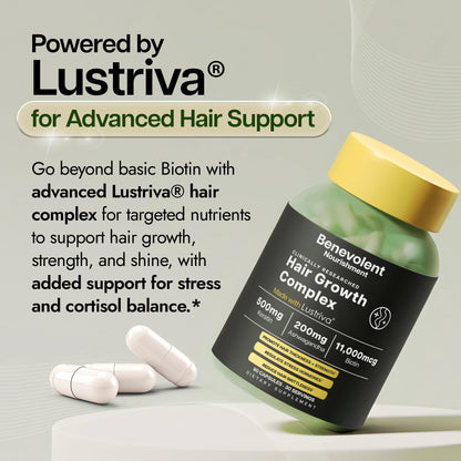 Benevolent Lustriva Hair Growth Supplement – Advanced Hair Vitamins with Keratin & Biotin for Thicker-Looking, Stronger Strands, Support for Stress-Related Thinning in Women & Men, USA-Made, 90 ct