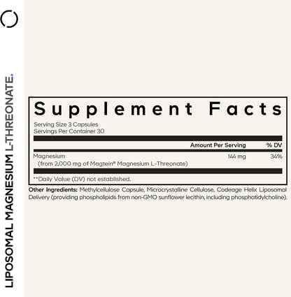 Codeage Liposomal Magnesium L-Threonate, Magtein, NSF, 90 Capsules | Magnesium L-threonate as patented Magtein, with liposomal delivery from sunflower phospholipids. Vegan, non-GMO.