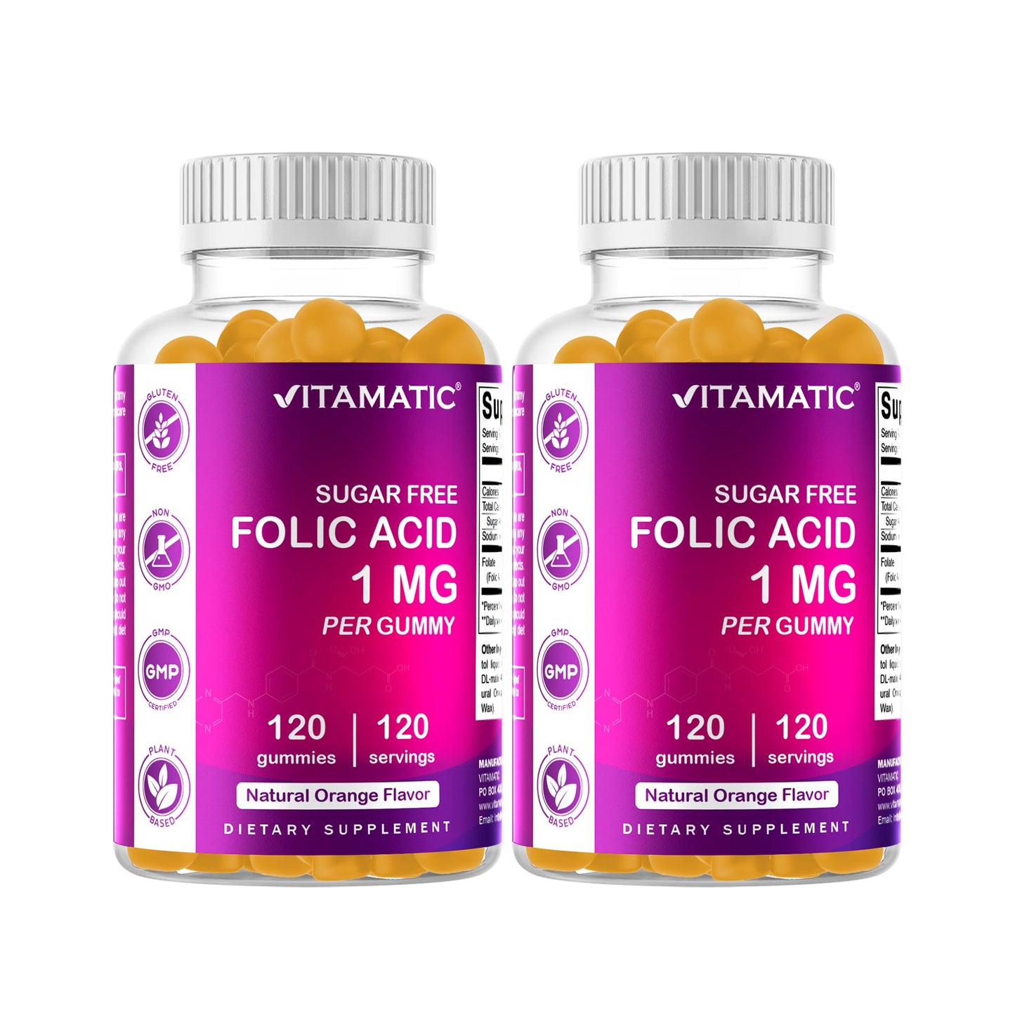 Vitamatic Sugar Free Folic Acid 1 mg Gummies 120 Count Orange Flavor | 1 mg Folic Acid, 1667 mcg DFE per gummy, Healthy cell growth, red blood cell formation, Gluten Free, Non GMO
