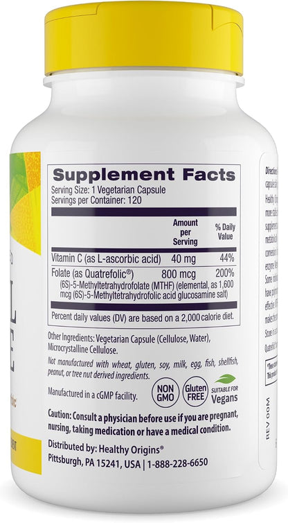 Healthy Origins Methyl Folate Quatrefolic 800 mcg, 120 Veggie Caps | Active Quatrefolic methylfolate B9 supports prenatal, brain & heart health. MTHFR-friendly form.