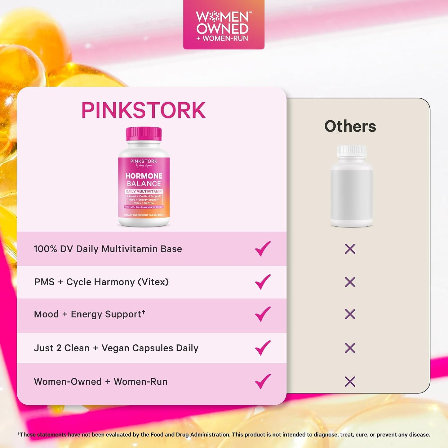 Pink Stork Hormone Balance Multivitamin for Women, 60 Vegan Capsules | 18-in-1 Vitex, Saffron, Ashwagandha, Magnesium | Mood, Energy, Cortisol, Adrenal Support | PMS, Perimenopause Support