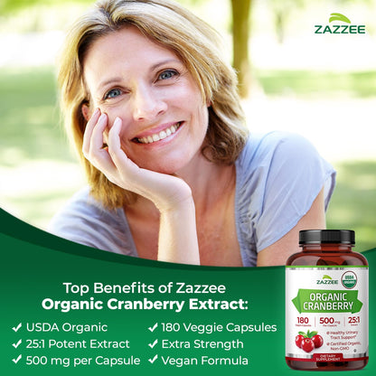 Zazzee USDA Organic Cranberry 25:1 Extract, 500 mg per Capsule, 100 Vegan Capsules, 3+ Month Supply, Certified Kosher, Vaccinium Macrocarpon, Non-GMO, Made in the USA