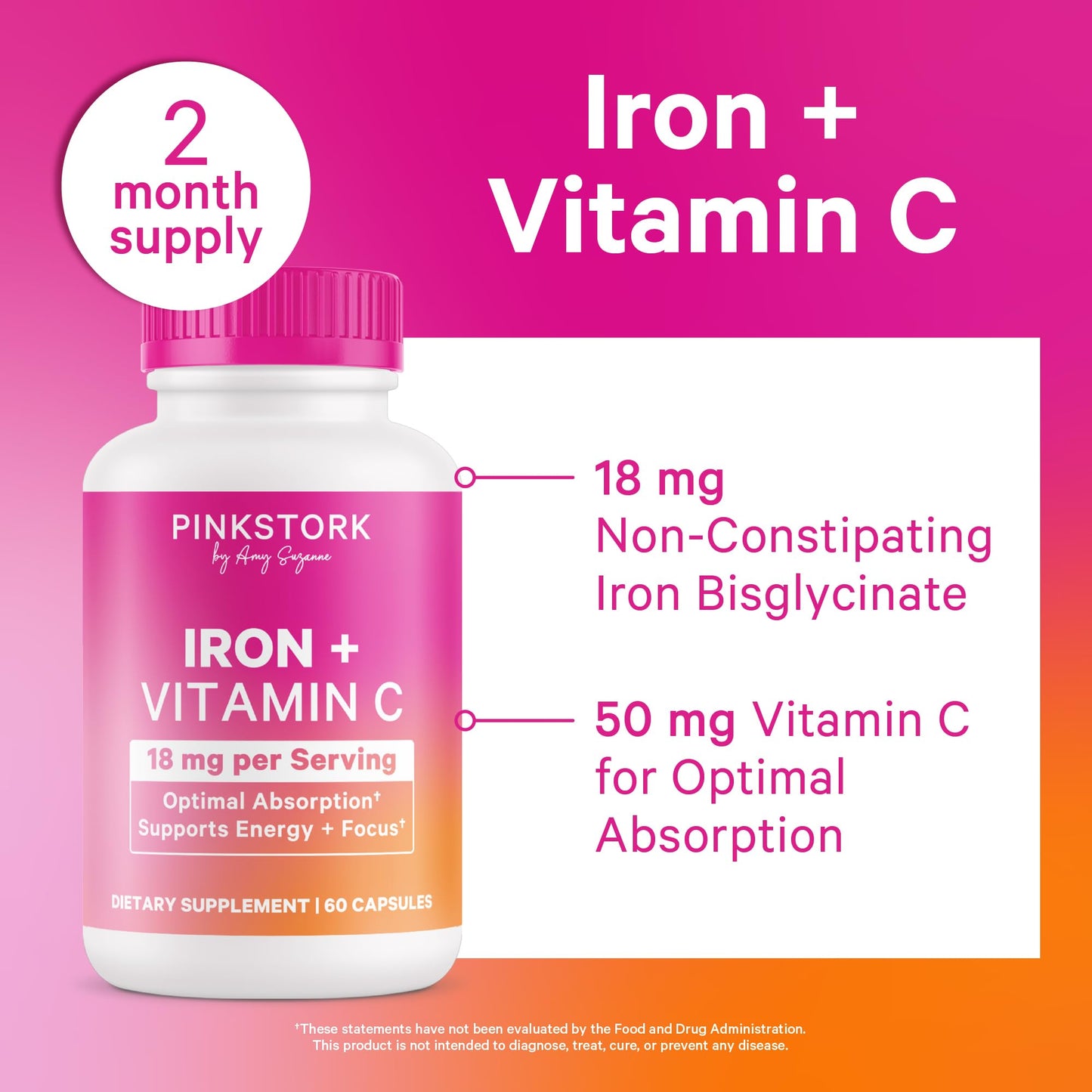 Pink Stork Iron for Women with Vitamin C, 60 Capsules, 2-Month Supply | 18 mg Chelated Iron Bisglycinate + Vitamin C, Supports Energy, Focus + Oxygen, Pregnancy, Postpartum, PMS + Perimenopause