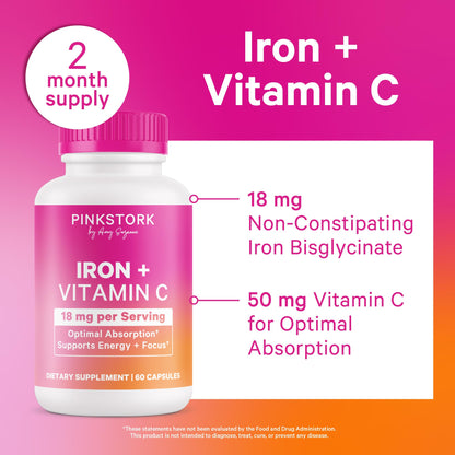 Pink Stork Iron for Women with Vitamin C, 60 Capsules, 2-Month Supply | 18 mg Chelated Iron Bisglycinate + Vitamin C, Supports Energy, Focus + Oxygen, Pregnancy, Postpartum, PMS + Perimenopause