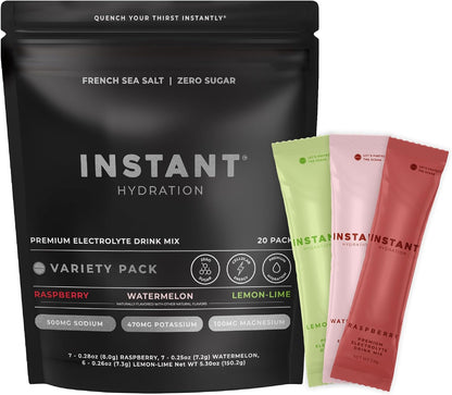 Instant Hydration Sugar Free Electrolytes Powder Packets Variety Pack - Watermelon, Raspberry, Lemon Lime Drink Mix & Travel Essentials with Magnesium and Potassium - Post Workout Recovery - 20 Sticks
