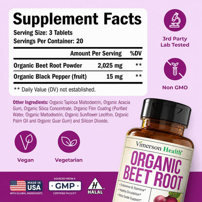Organic Beetroot Supplement – USDA Organic Beet Root Tablets with Black Pepper for Circulation, Energy & Stamina – Nitric Oxide Support for Pre & Post Workout Performance & Endurance – 20 days supply