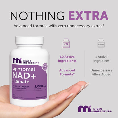 Micro Ingredients Liposomal NAD+ Ultimate Complex 1,000mg | 60 Veggie Capsules | NMN Pathway Formula | 10-in-1 with Resveratrol, Glutathione, & Astaxanthin | NAD Supplement for Women & Men