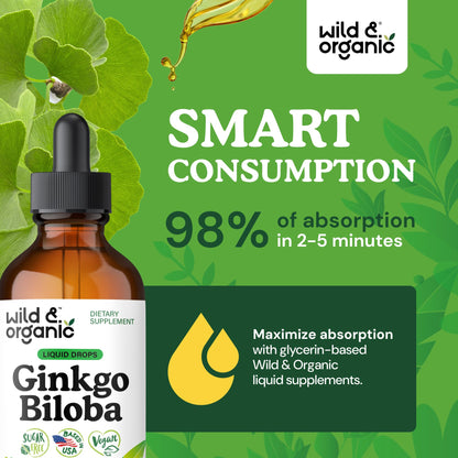 Wild & Organic Ginkgo Biloba Extract Drops - Brain & Focus Support - Liquid Ginkgo Biloba Supplements - Vegan, Sugar & Alcohol-Free Herbal Tincture - 4 fl oz