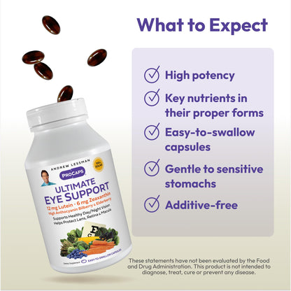 Andrew Lessman Ultimate Eye Support 60 Softgels - 12mg Lutein, 6mg Zeaxanthin, Bilberry, Key Nutrients to Support Eye Health and Promote Healthy Vision. No Additives. Easy to Swallow Softgels