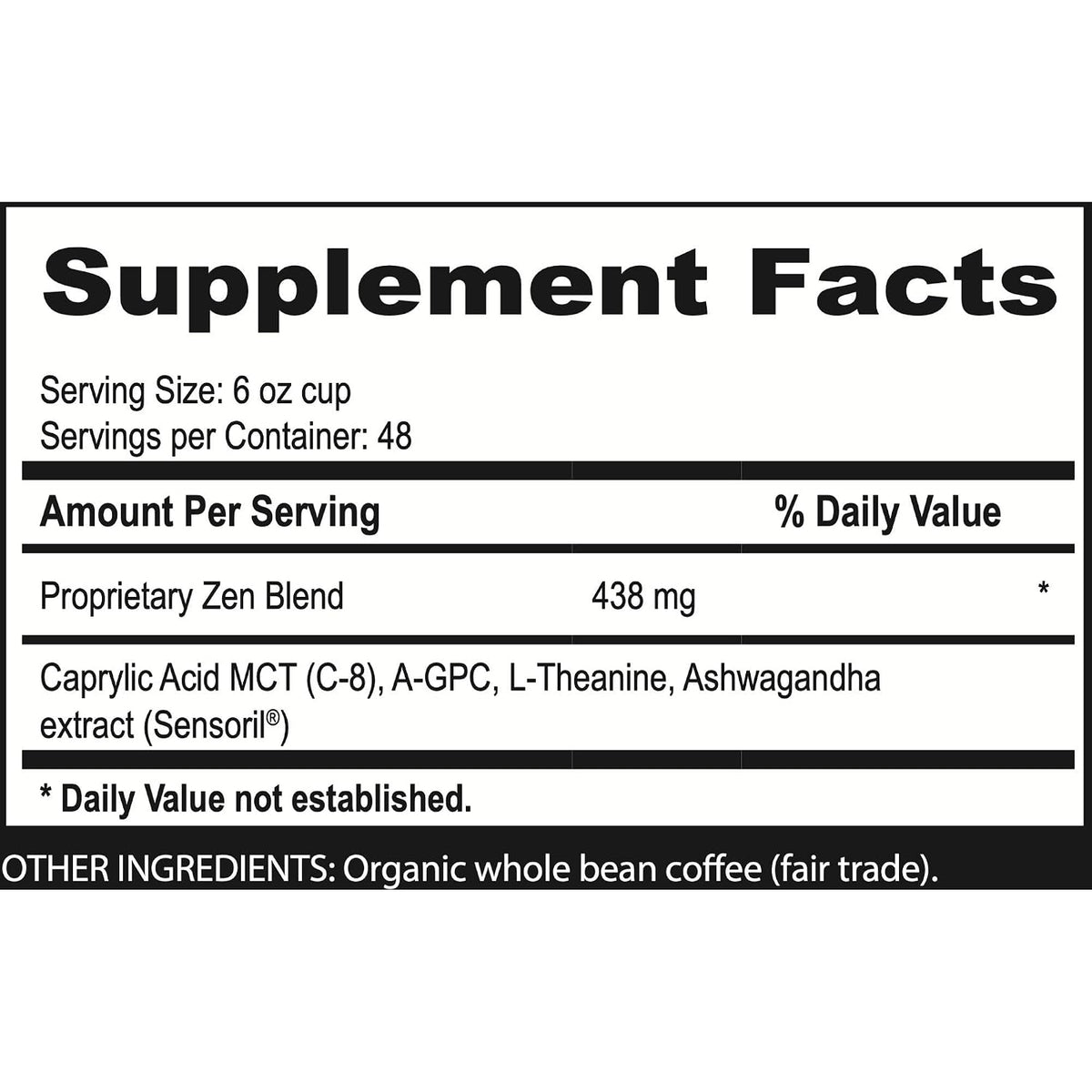 Brain Bean Zen-Blend Organic Coffee Whole Bean with Caprylic Acid MCT (C-8), A-GPC, L-Theanine & Ashwagandha Extract - Premium Grade Organic Coffee Beans for Focus & Calm Support (16 Oz)