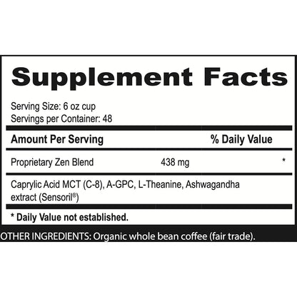 Brain Bean Zen-Blend Organic Coffee Whole Bean with Caprylic Acid MCT (C-8), A-GPC, L-Theanine & Ashwagandha Extract - Premium Grade Organic Coffee Beans for Focus & Calm Support (16 Oz)