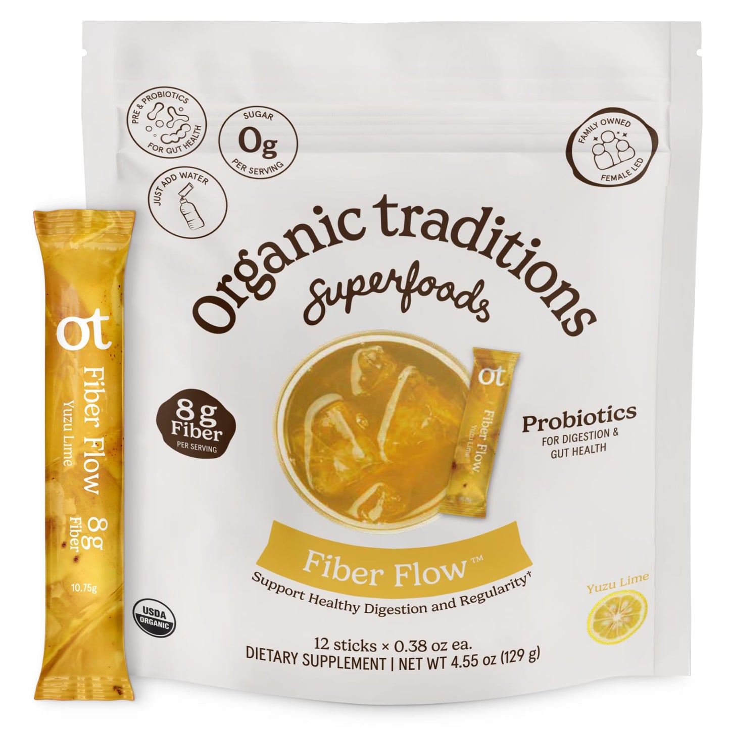 Organic Traditions Fiber Flow Variety Pack, Daily Fiber Supplement Sticks with Acacia, Chicory Root Inulin, One Billion CFU Probiotics, Mixed Flavors Strawberry Yuzu Lime Unflavoured, 12 Count