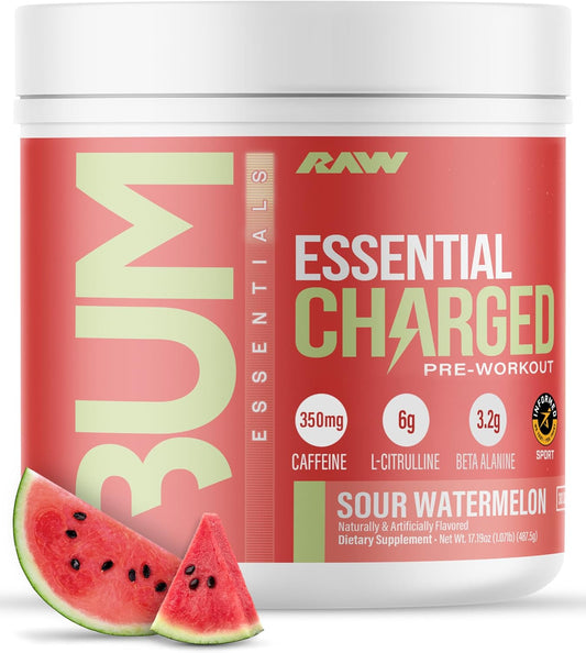 RAW Pre-Workout Powder, Essential CHARGED (Sour Watermelon) - Preworkout Supplement for Men & Women - Supports Focus, Mood & Performance - Caffeine, Alpha-GPC, L-Citrulline, Beta Alanine (25 Servings)