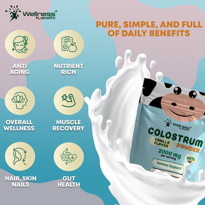 Colostrum Powder 2000mg - Vanilla Flavor, 60% IgG Bovine Colostrum Supplement for Gut Health, Immune Support, Clean Skin, Anti-Aging, Grass-Fed Calostro Bovino Powder, Keto, Gluten-Free - 60 Servings