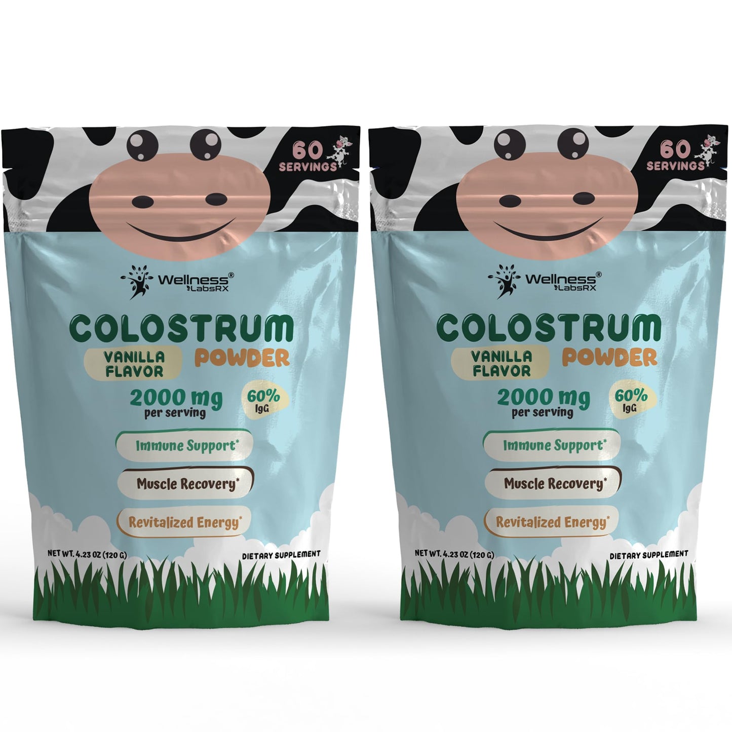 Colostrum Powder 2000mg - Vanilla Flavor, 60% IgG Bovine Colostrum Supplement for Gut Health, Immune Support, Clean Skin, Anti-Aging, Grass-Fed Calostro Bovino Powder, Keto, Gluten-Free - 60 Servings