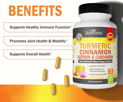 Turmeric Supplement with Saffron, Cinnamon, Cardamom & BioPerine - 60ct