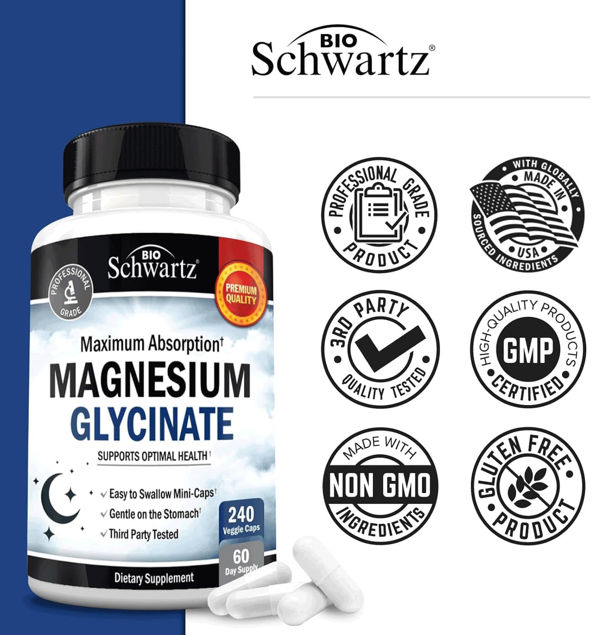 Magnesium Glycinate 500mg Per Serving | Max Absorption | 120 Mini Capsules
