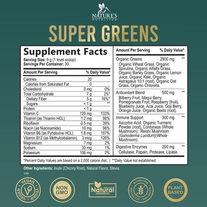 Greens Superfood Powder Supplement - Super Green Smoothie Mix Blend with Spirulina