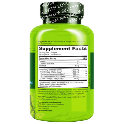 NATURELO Burpless Omega 3 Fish Oil Supplement - 1100mg Triglyceride Omega-3, EPA + DHA, Liquid Fish Oil for Heart, Eye, Brain, Joint Health - 120 Softgels, 4 Months Supply