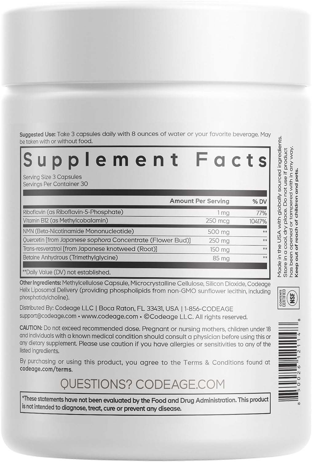 Codeage Liposomal NMN Platinum - 500 mg NMN Supplement, Nicotinamide Mononucleotide, NAD Precursor - Quercetin, Resveratrol, Betaine TMG, Vitamin B2 Riboflavin & Vitamin B12 - Non-GMO - 90 Capsules
