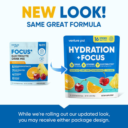 Venture Pal Sugar Free Hydration + Focus Electrolyte Packets, 16 Sticks | 7 Electrolytes + Vitamins, Magnesium, Lion's Mane & Ashwagandha, Boost Clarity & Energy, Electrolytes Powder, Vegan, Keto