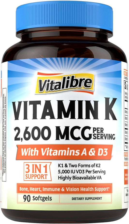 Vitalibre Vitamin K Complex 2600 mcg with Vitamin A & D3 5000 IU | Bioavailable K2 D3 Vitamin Supplement, Full Spectrum, for Bone Strength and Heart Health, 90 Softgels