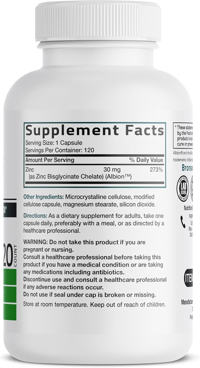 Bronson Zinc Glycinate 30mg Chelated Superior Absorption 100% Chelated Formula Non-GMO, 120 Vegetarian Capsules