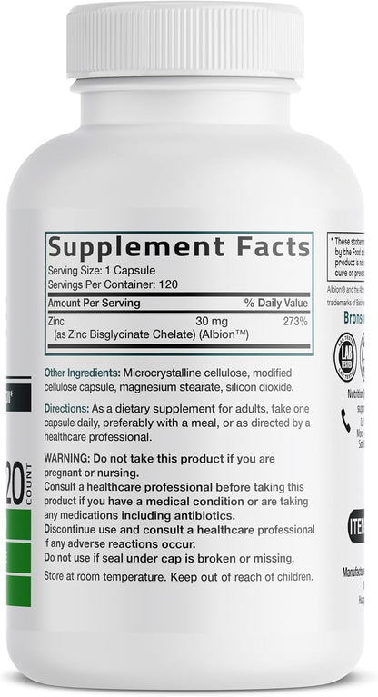 Bronson Zinc Glycinate 30mg Chelated Superior Absorption 100% Chelated Formula Non-GMO, 120 Vegetarian Capsules