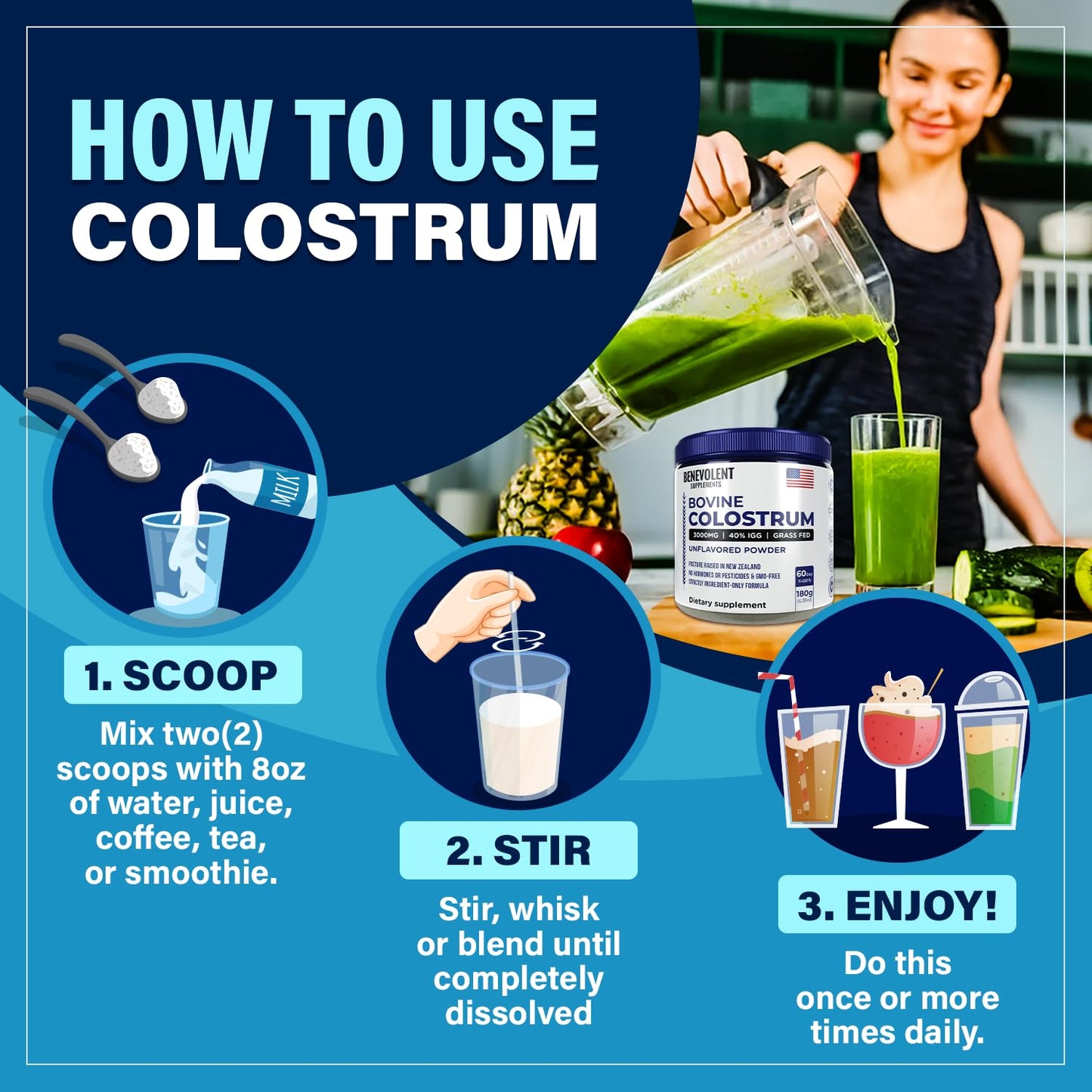 Bovine Colostrum Powder Supplement (3000mg + 40% IgG + No Fillers) Supports Gut & Digestive Health, Muscle Recovery & Growth, Immune Support - Unflavored & Easy to Mix - Grass Fed - 60 servings