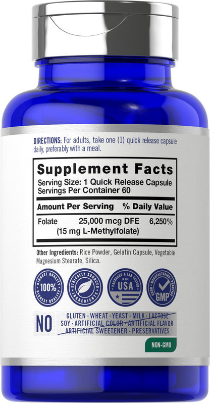 Carlyle L Methylfolate 15mg | 120 Capsules | Value Size | Max Potency | Optimized and Activated | Non-GMO, Gluten Free Supplement | Methyl Folate, 5-MTHF | by Opti-Folate