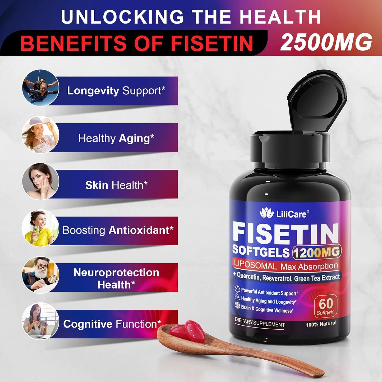 LILICARE Fisetin Supplement - Liposomal Super Absorption 98% Pure 1200mg with Quercetin, Resveratrol, Green Tea Extract for Healthy Aging & Longevity, Skin Health, Brain & Antioxidant - 60 Softgels