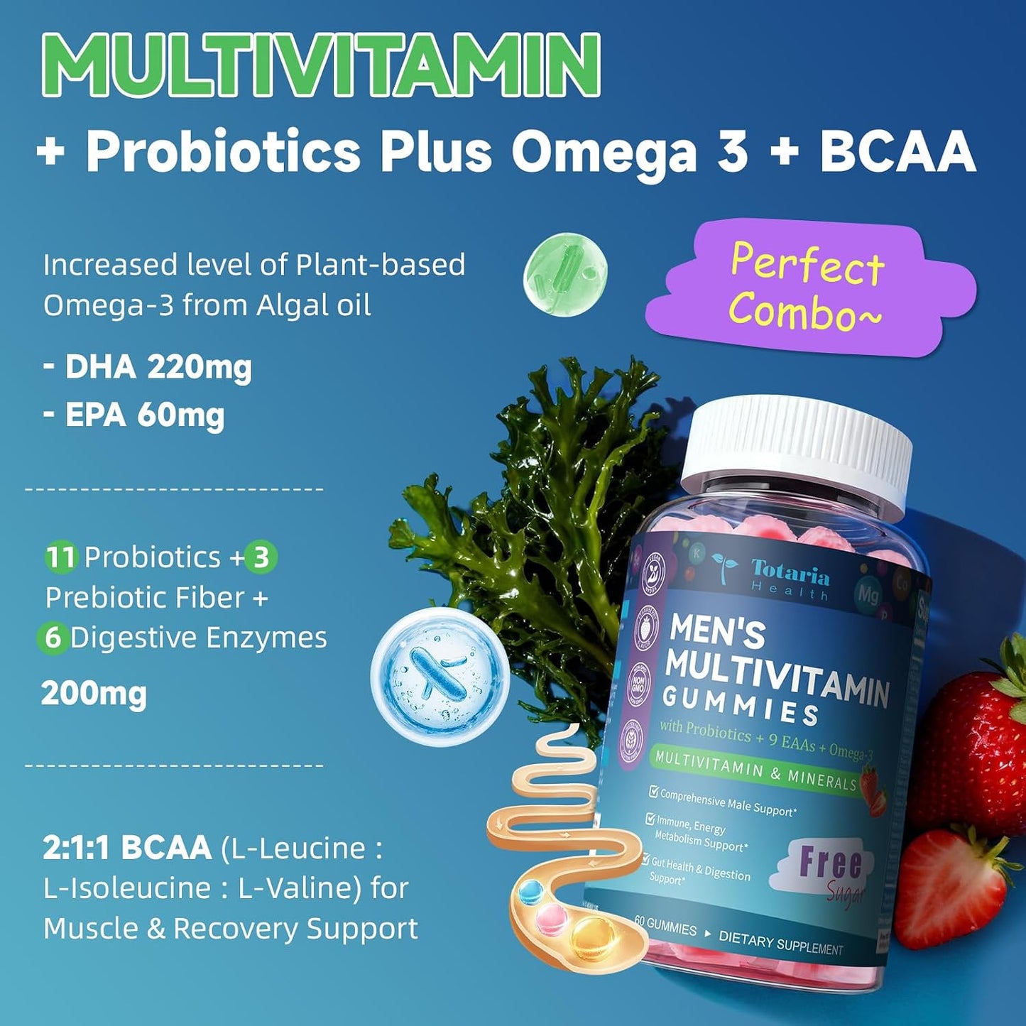 Totaria Sugar Free Multivitamin for Men with Omega 3, Probiotics, Mens Multivitamins Gummies w/Methylated B Complex, EAAs, Lycopene, Zinc, for Daily Energy, Immune, Heart, Iron Free, 60 Count