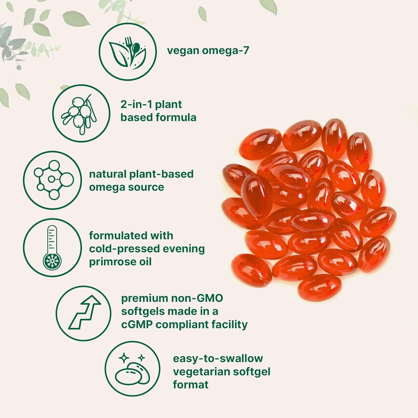 Vegan Omega-7 Sea Buckthorn Oil, 240 Vegetarian Softgels | 2-in-1 with Evening Primrose Oil | Plant Based Botanical Oil Blend | Non-GMO, Gluten, & Carrageenan Free
