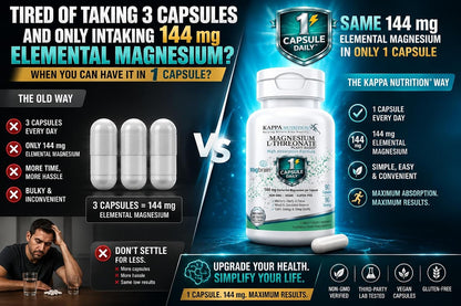 Kappa Nutrition, Magbrain® Plant‑Derived Magnesium L‑Threonate, 144 mg Elemental Magnesium, Brain & Nervous System Support, 60 Vegan Capsules, Once‑Daily Biocomplex.