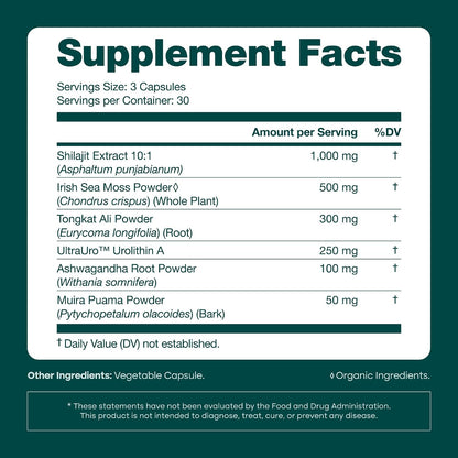 Urolithin-A Complex w Shilajit, Organic Sea Moss, Ashwagandha & Tongkat Ali, Natural Energy, Libido, Hormone Balance, and Focus for Men & Women (Made in USA - 3rd Party Tested
