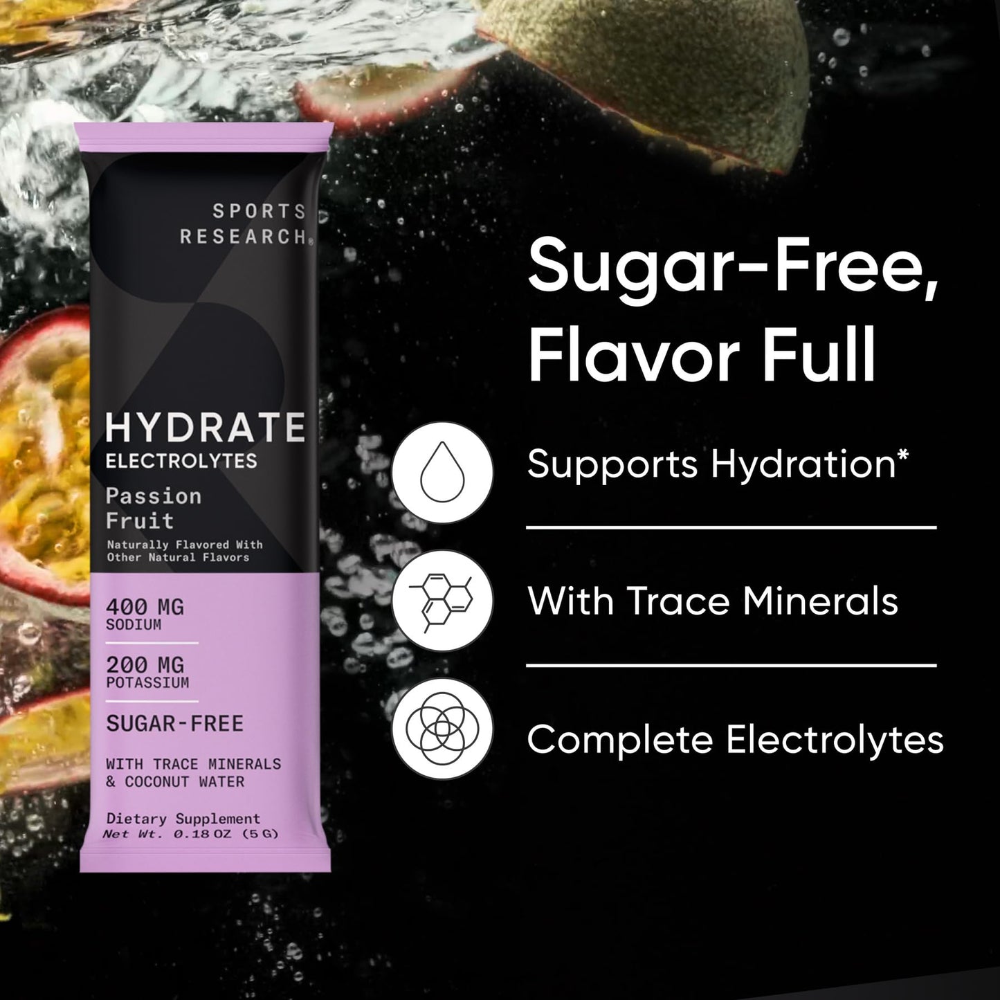 Sports Research® Hydrate Electrolytes Powder Packets - Sugar-Free & Naturally Flavored with Vitamins, Minerals, and Coconut Water - Supports Hydration - 16 Packets - Variety Pack | Sugar-Free